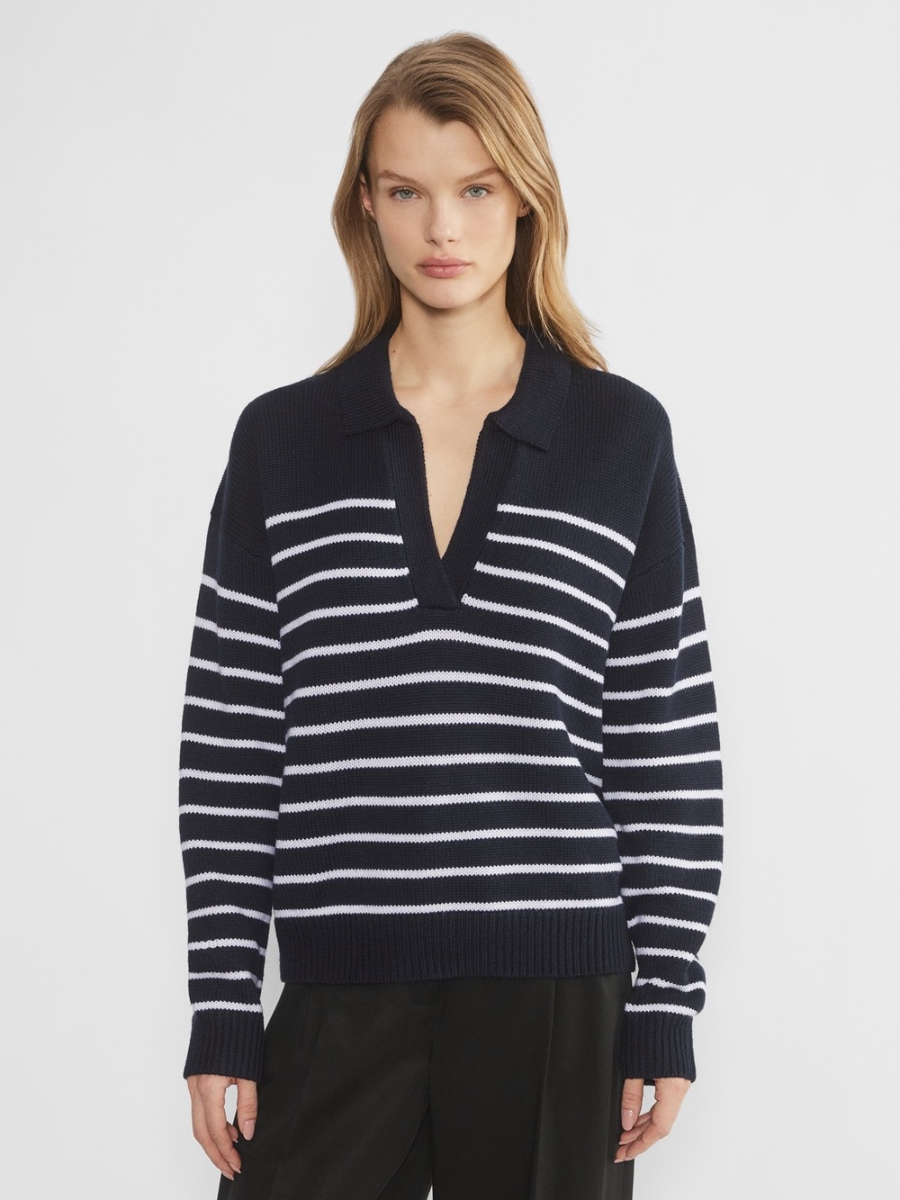 Aritzia Wilfred Clara Merino Wool Navy White Striped Polo Sweater Nautical Chic